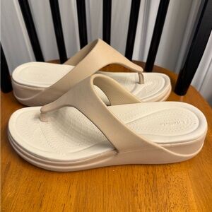 CROCS Beige & Ivory Monterey Wedge Flip Flops